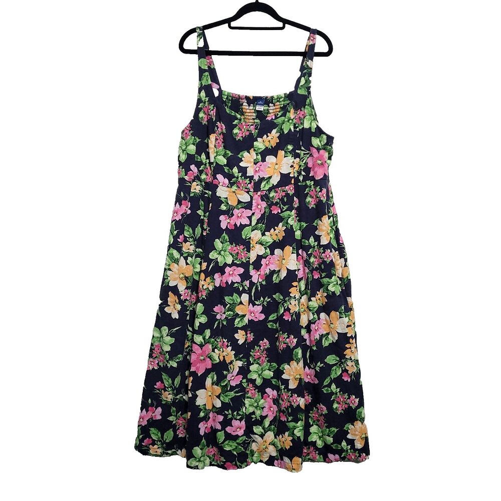 Floral Sweetheart Chambray Midi Dress XL P Old Navy Pockets Ruched Cottage linen